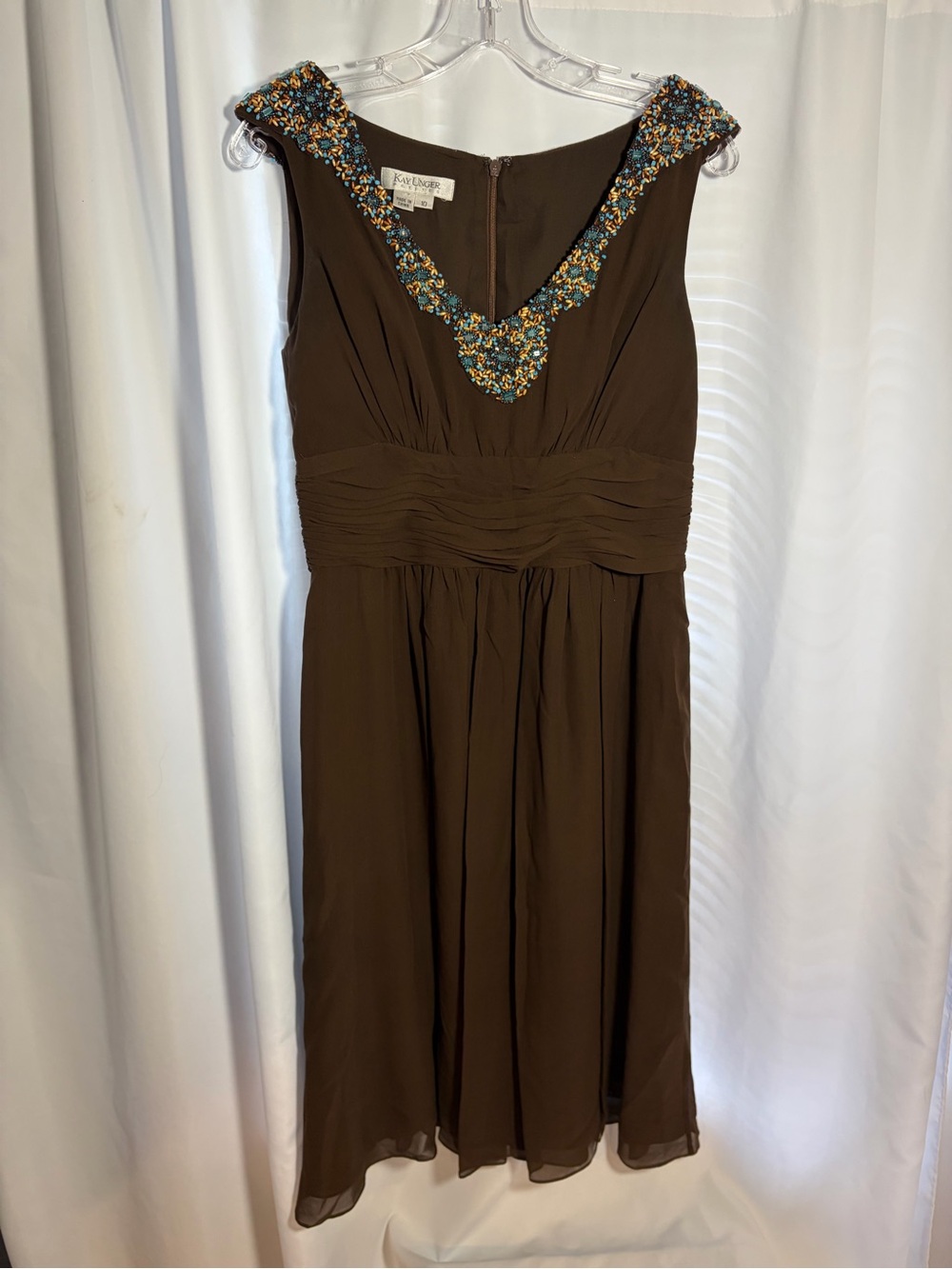 KAY UNGER Brown Silk Dress with Beaded Neckline size 10